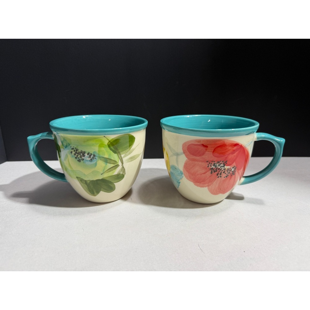 Pioneer Woman Flea Market Floral Coffee Mugs Set of 2 Turquoise Teal Stoneware